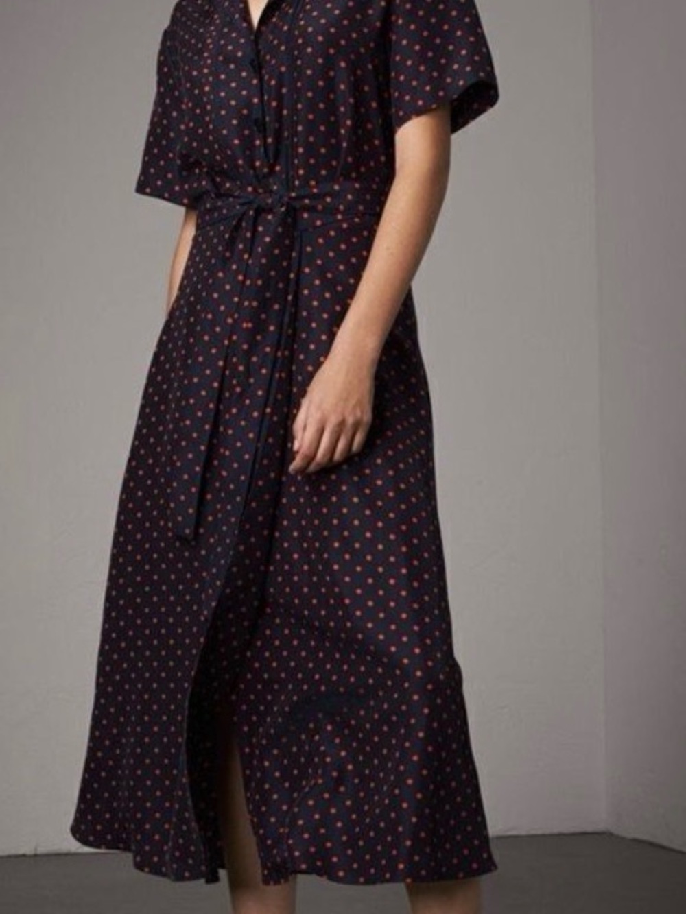 Burberry Navy Midi Shirt Dress with Red Polka Dots